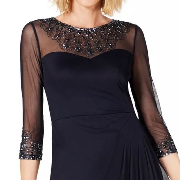 Alex Evenings Illusion Embellished 3/4 Sleeve Ruched A-Line Gown in Dark Navy - Picture 5 of 14
